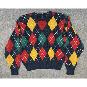 Vintage Liz Sport Argyle Sweater Knit Navy Red Yellow Cropped Cabin Comfort